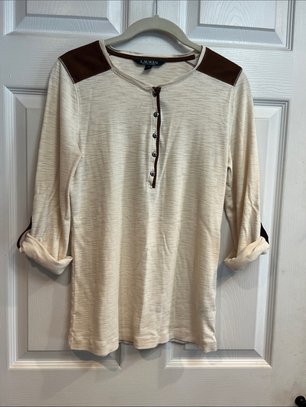 Lauren Ralph Lauren Cream Henley Long Sleeve with Brown Shoulder Accents